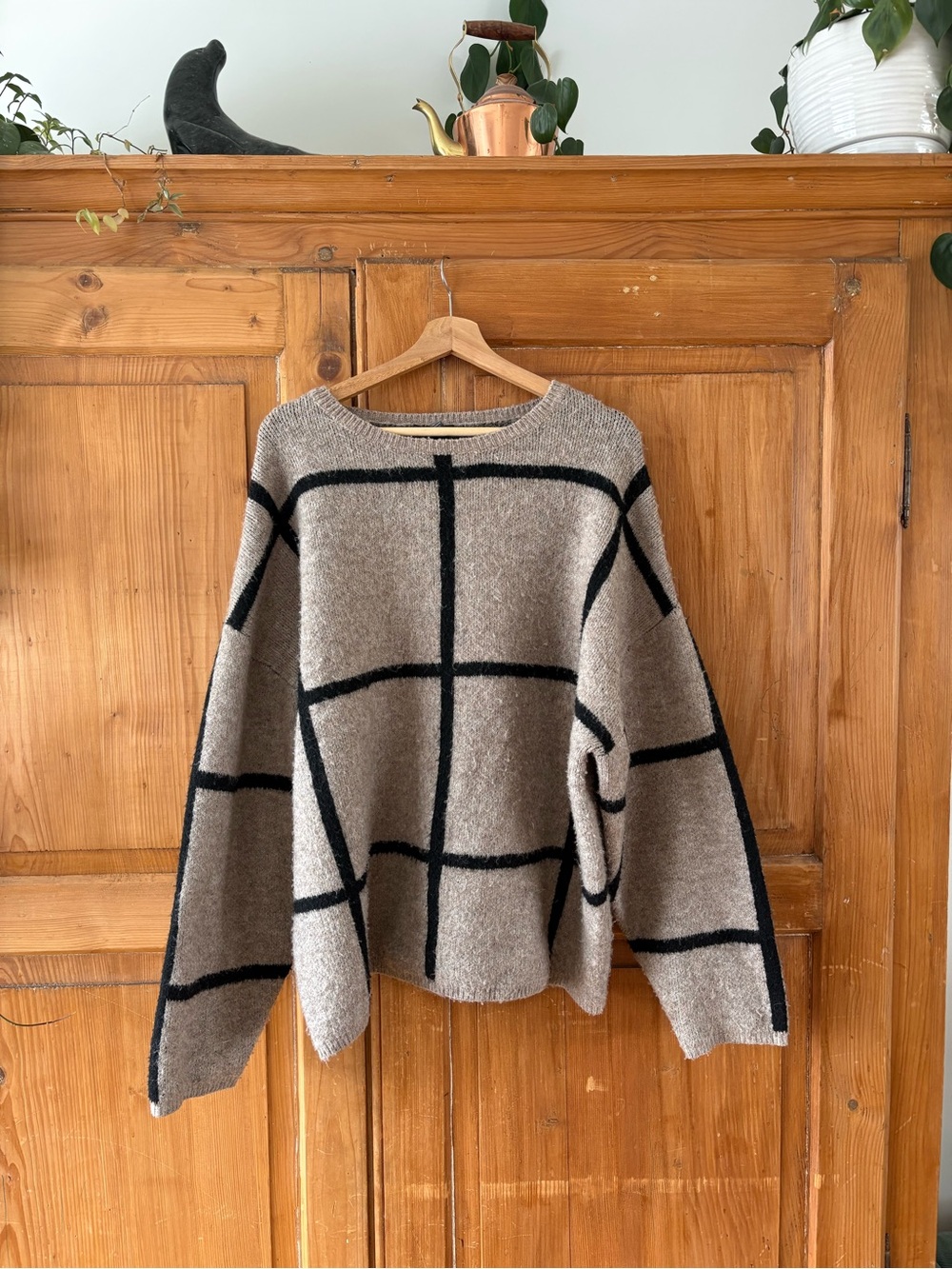 Windowpane Crewneck Sweater in Taupe and Black
